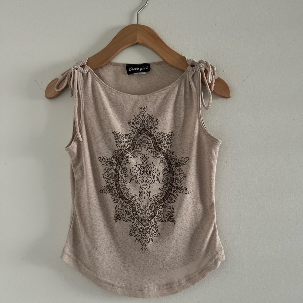 Y2K Cute Girl Stretchy Beige Sleeveless Boho Crop Top Sz S
